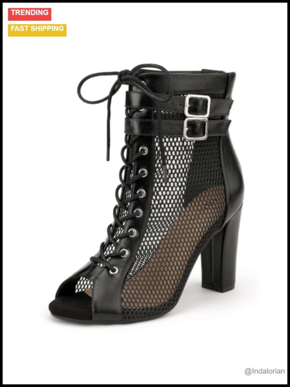 Peep Toe Mesh Heeled Sandals with Lace Up and Zipper